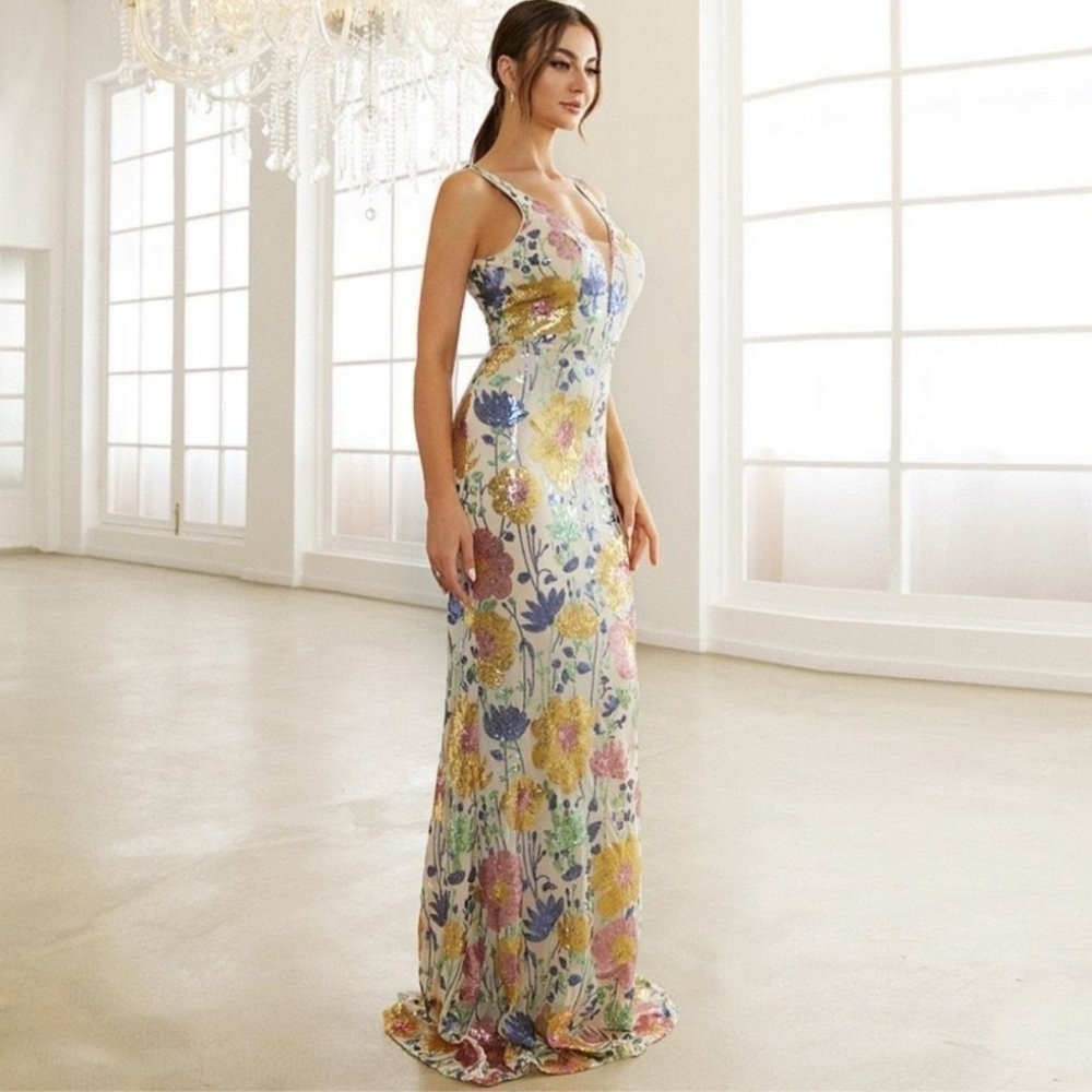 Apricot, Floral Print,, Sleeveless,  Sequined and Mesh Gown